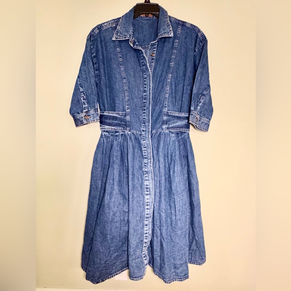 eShakti NEW Custom Shirtdress. Blue Denim,Pleated Pocketed Skirt, Sash, Sz 16W